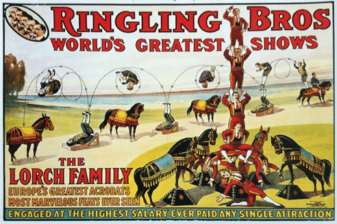 Poster by the Strobridge Lithography Company advertising the Lorch Family at Ringling Bros. Circus (1909) — Private Collection, made available under a Creative Commons Attrib.-Noncom-No Deriv. Works 3.0 US License