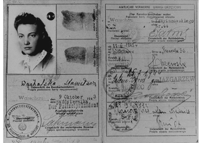 False identification card which Vladka Meed had used from 1940–42 on the Aryan side of Warsaw, smuggling arms to Jewish fighters and helping Jews escape from the ghetto. Credit: United States Holocaust Memorial Museum Photo Archives # 02332, courtesy of Benjamin (Miedzyrzecki) Meed