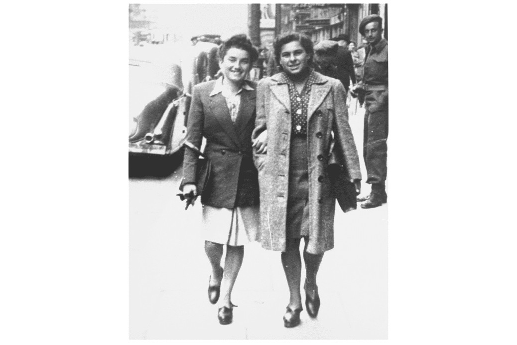 Post-war, Hanka Wajcblum (right) and Marta Bindiger Cige (left) in Brussels, Belgium, circa 1947, United States Holocaust Memorial Museum, courtesy of Anna and Joshua Heilman